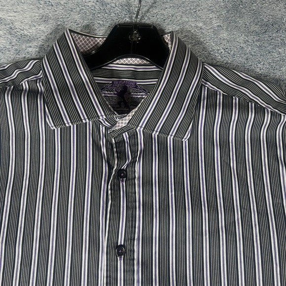 Bugatchi Uomo Mens Shaped Fit Button Down Shirt Black Purple Striped Long Sleeve - Picture 2 of 16
